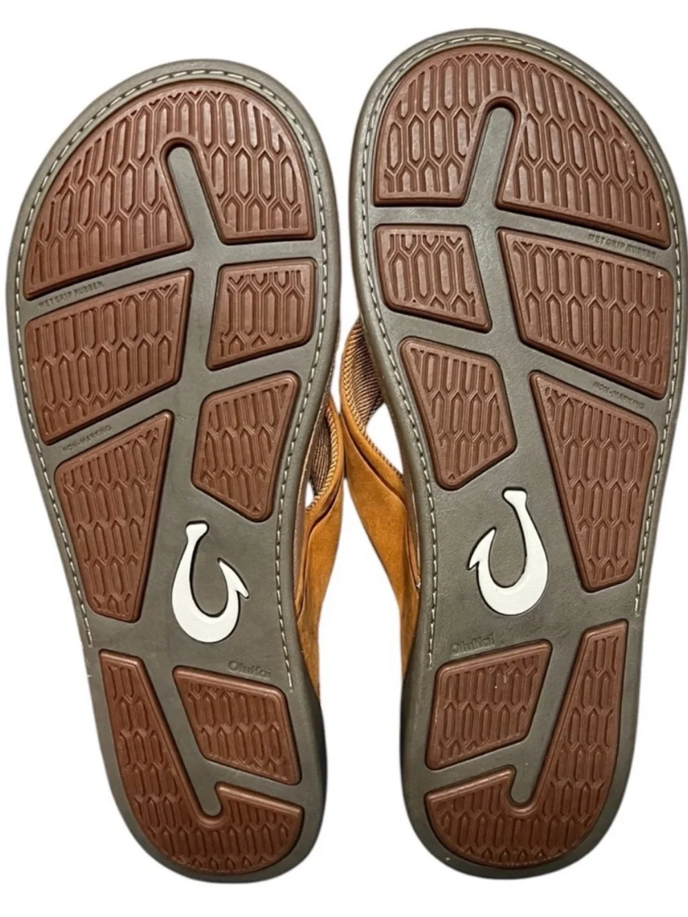 Like New! OluKai Tuahine Sandals Waterproof Leather Flip Flops Brown Mens 12